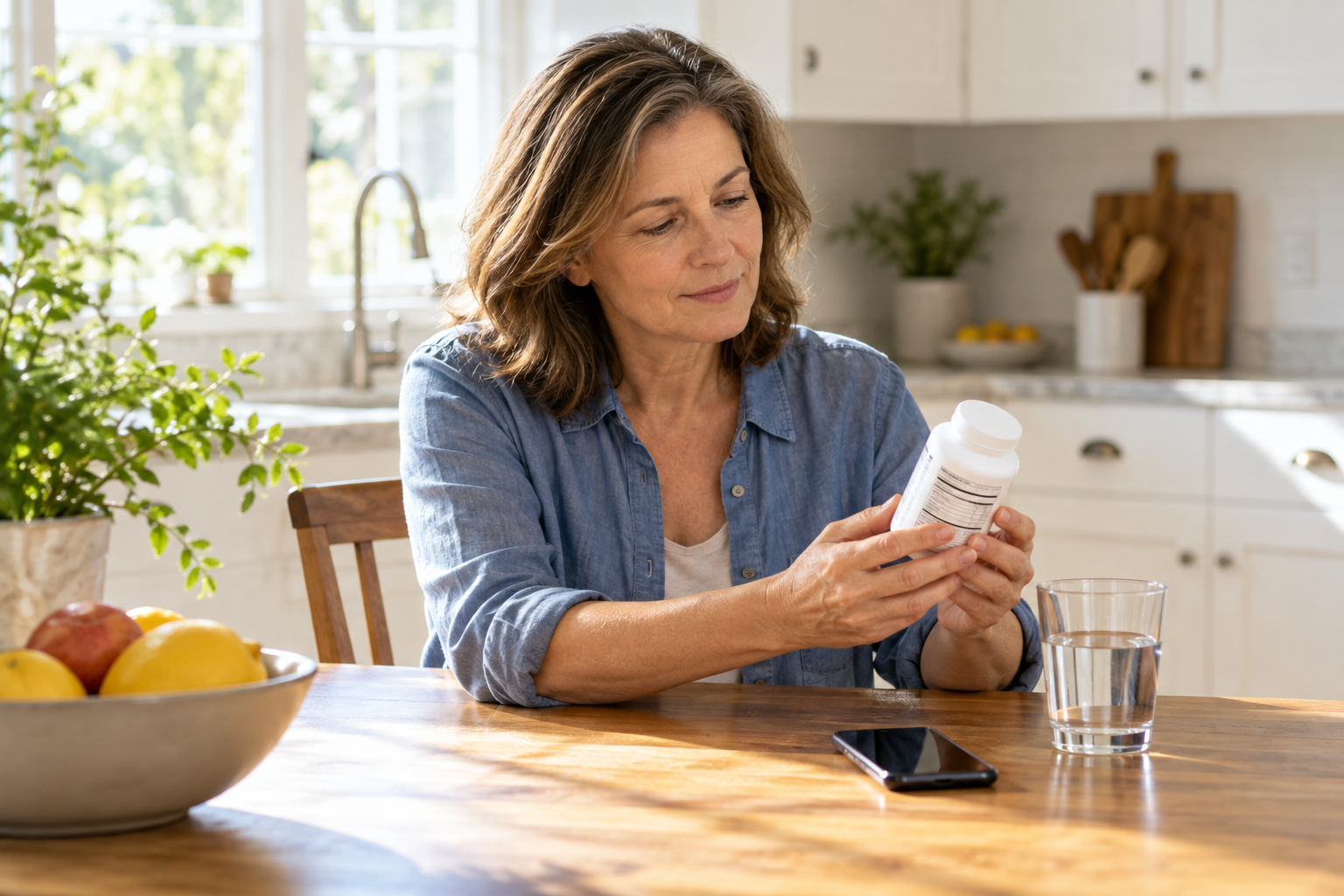 Editorial scene of an adult reading a generic supplement label at a kitchen table; no brand or health result is shown