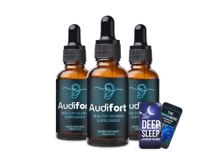 Audifort dropper bottles and Deep Sleep sachets pictured in the ClickBank marketplace listing