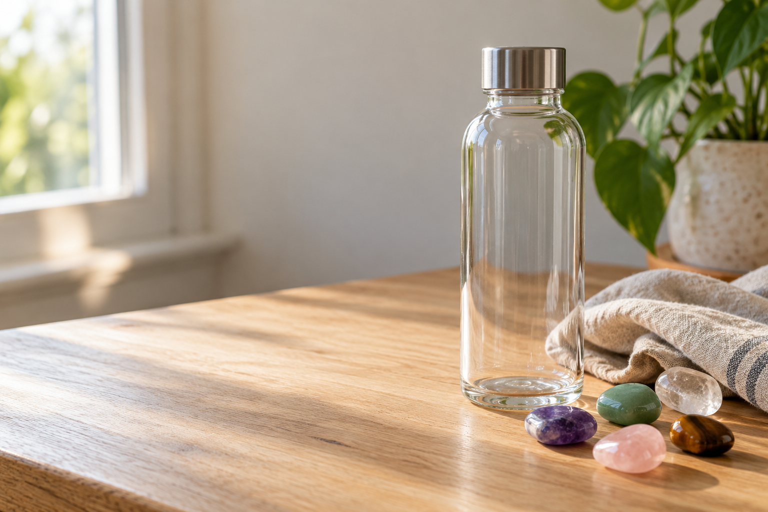 Illustrative still life of an unbranded glass bottle beside loose gemstones; this is not a photo of the SlimCrystal product
