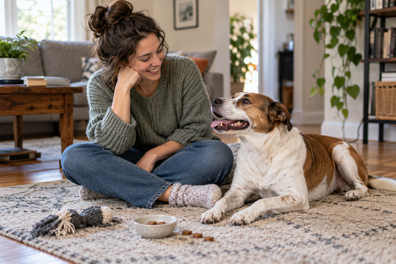 A relaxed dog and owner taking a quiet break at home after an activity