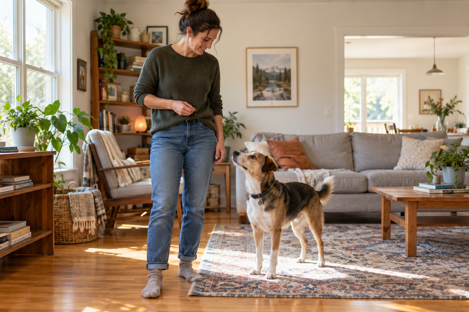 An owner practicing a calm reward-based attention exercise with a dog at home