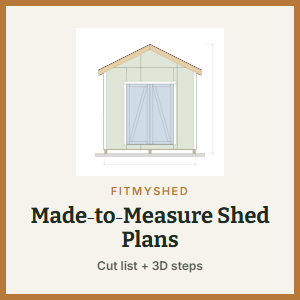 FitMyShed made-to-measure 10x12 shed plans graphic showing a shed drawing and 3D steps