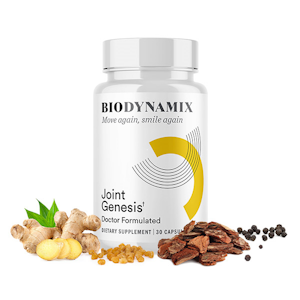 Joint Genesis supplement bottle and listed botanical ingredients