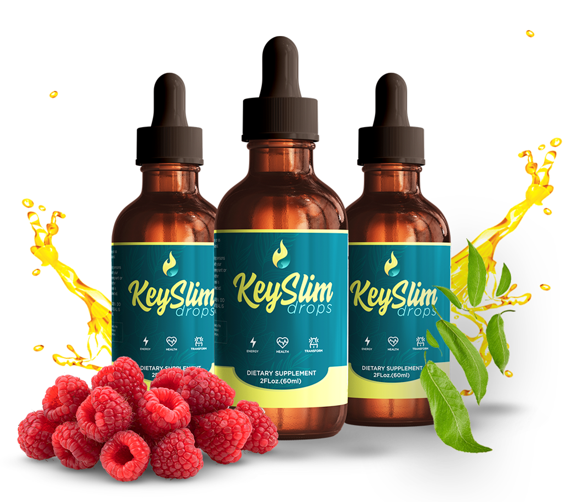 KeySlim Drops bottles shown with raspberries and botanical imagery