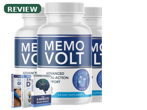 MemoVolt supplement bottles shown in an affiliate promotional creative with a REVIEW label