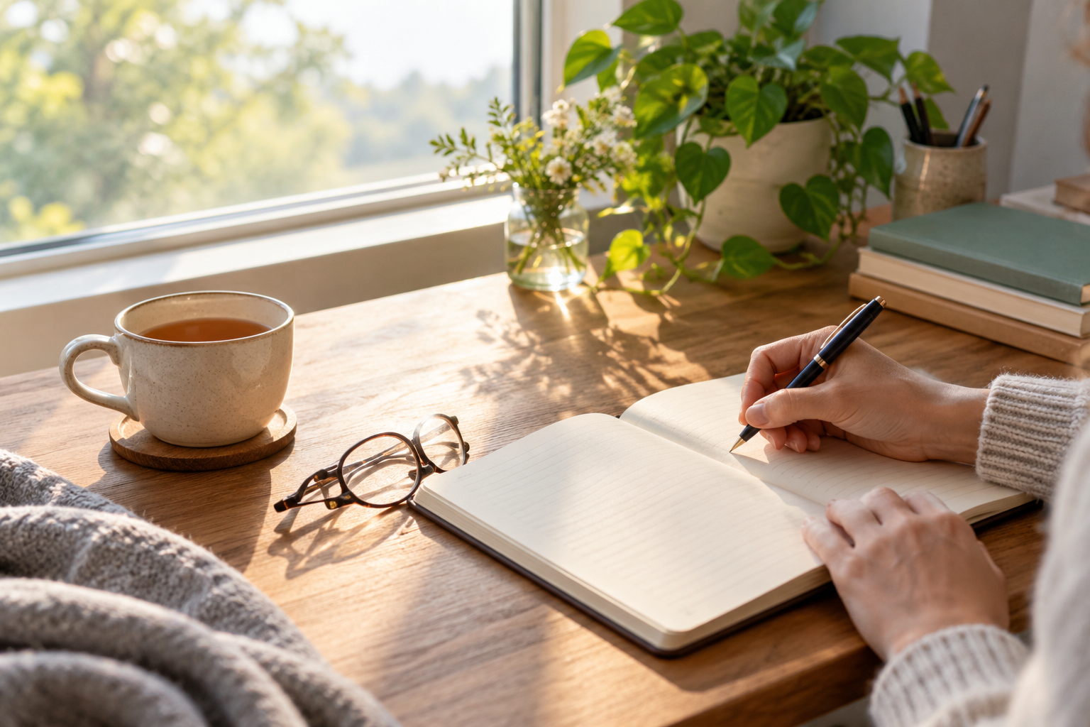 Illustrative morning desk scene with a notebook and reading glasses; not a product image or user result