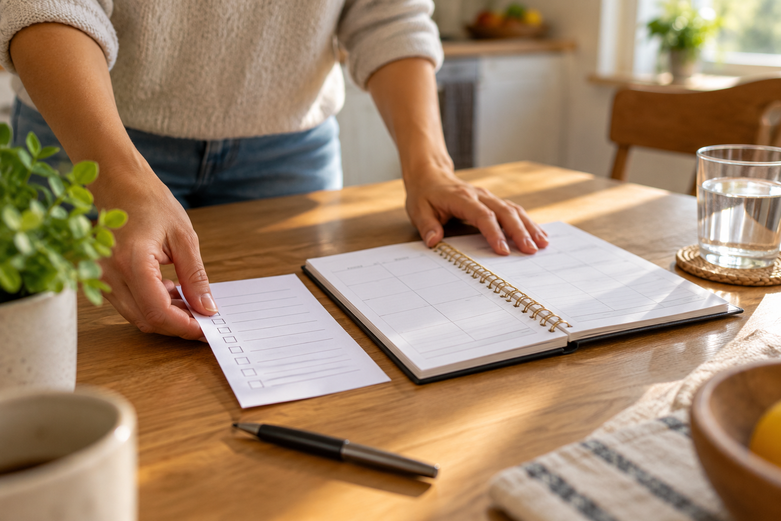 Illustrative hands organizing a blank weekly planner beside a glass of water; not a product result