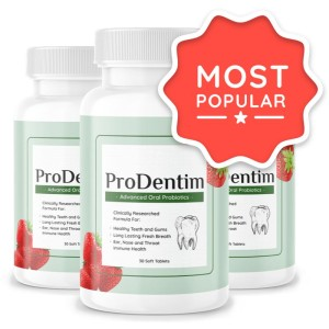 Seller-provided ProDentim product artwork with the unverified popularity badge masked