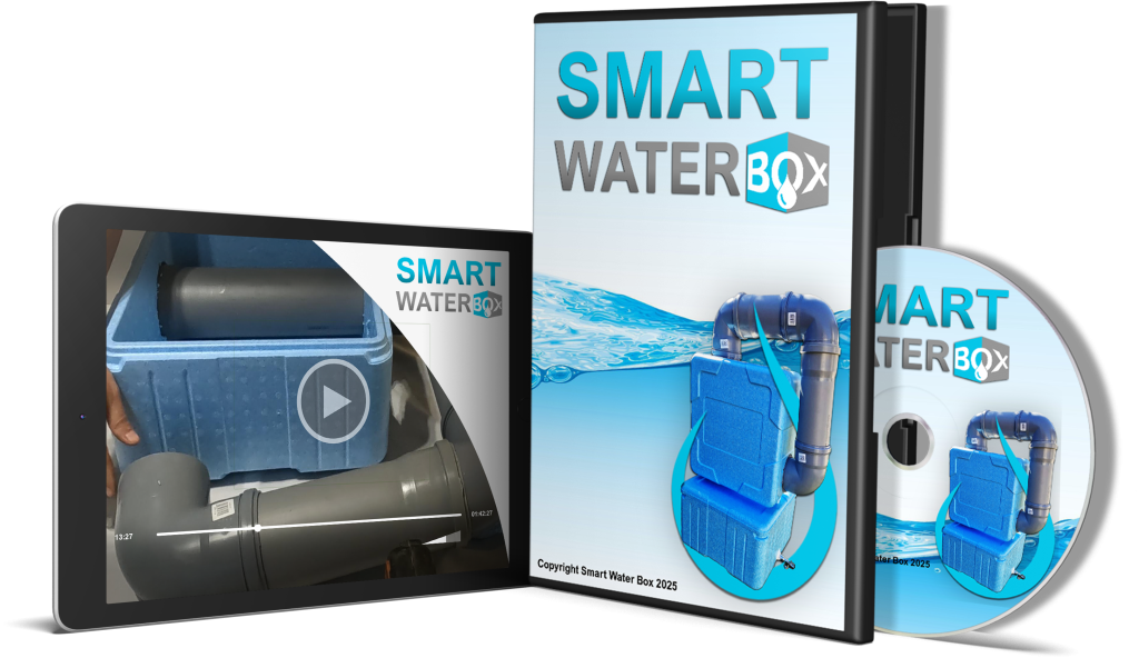 Smart Water Box digital guide artwork showing the plans, video screen, and water-from-air concept